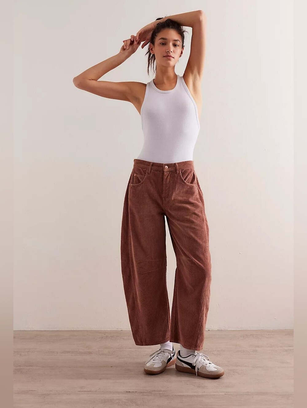 NWOT Free People Good Luck Mid Rise Barrel Corduroy Pants Brown Pockets 24